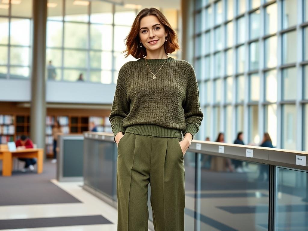Woman in matching knit set for stylish back to school outfit