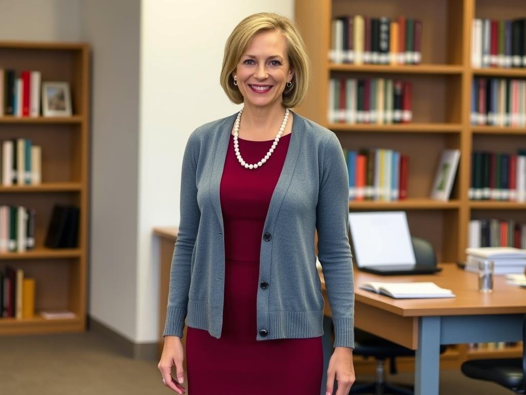 Woman in structured dress with cardigan for professional back to school outfit