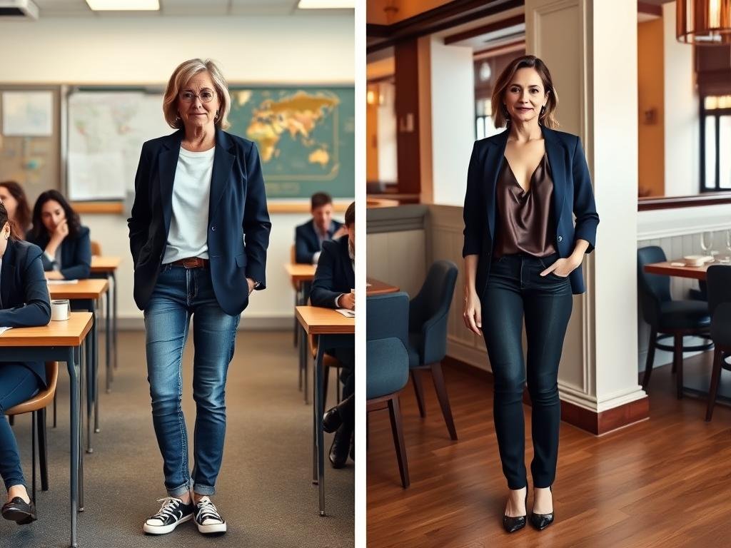 Woman wearing blazer styled for back to school and evening events