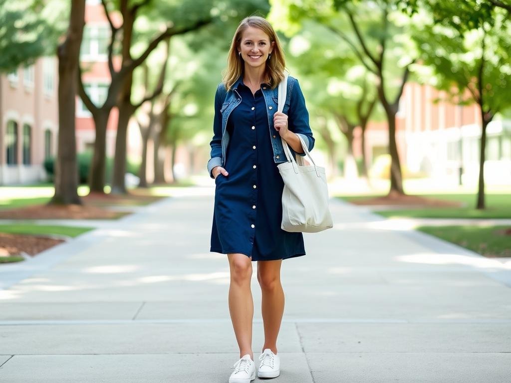 Woman wearing casual dress with white sneakers for comfortable back to school outfit