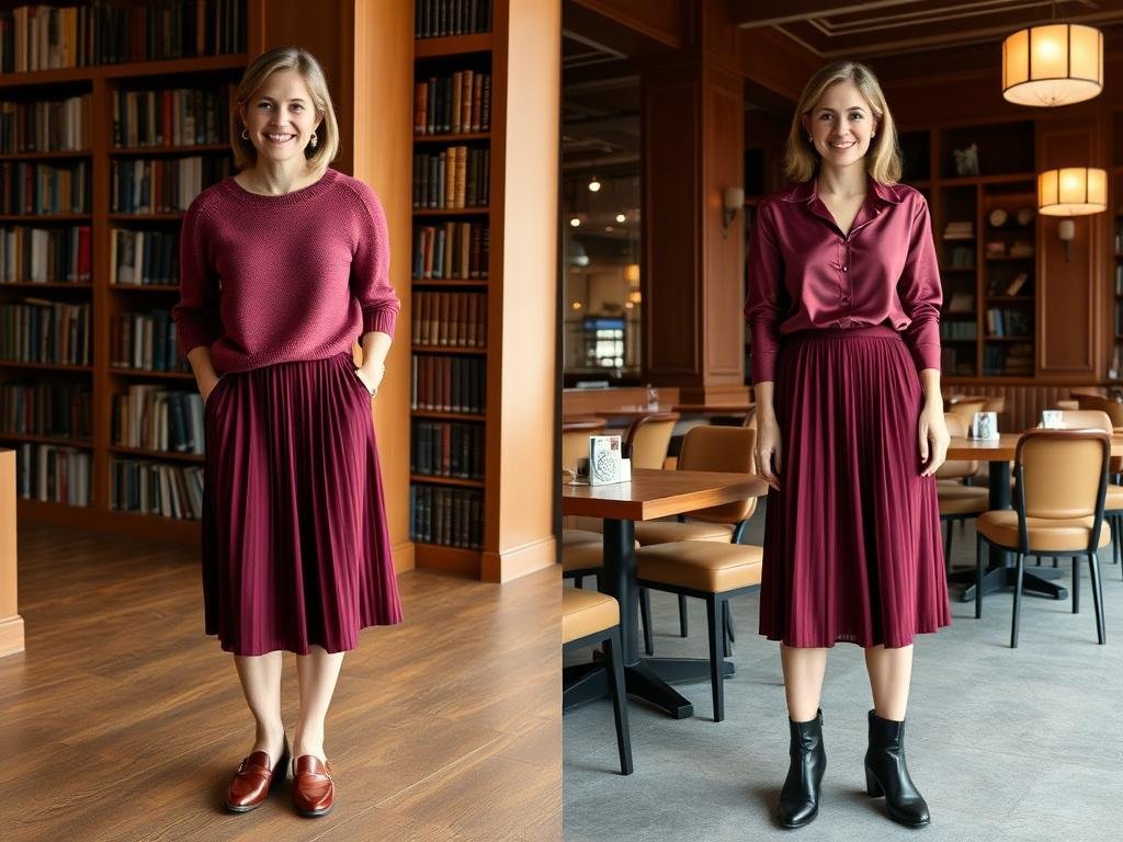 Woman wearing midi skirt styled for back to school and evening events