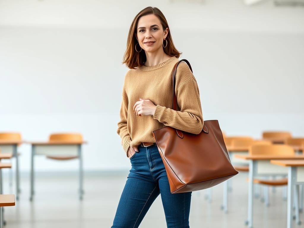 Woman wearing quality sweater with dark wash jeans and ankle boots for back to school outfit