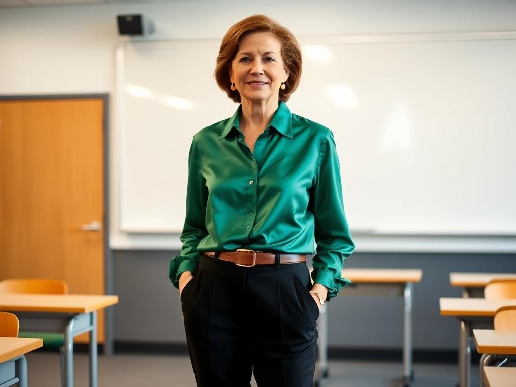 Woman wearing silk blouse with tailored pants for professional back to school outfit