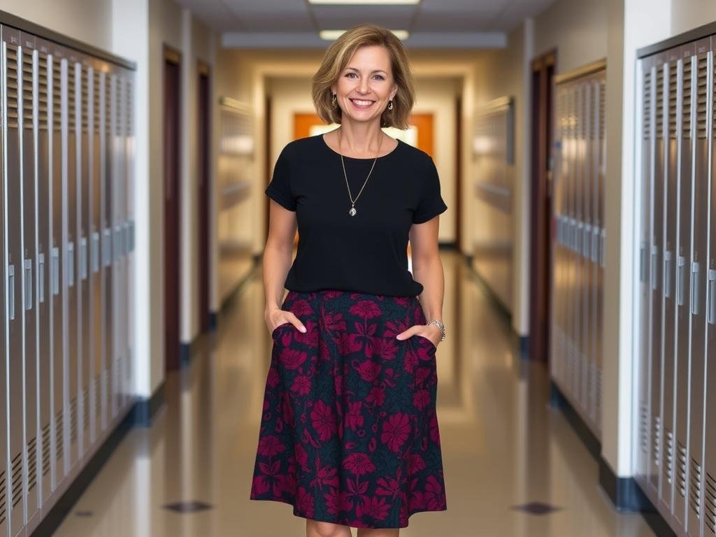 Woman wearing statement skirt with simple top for affordable back to school outfit