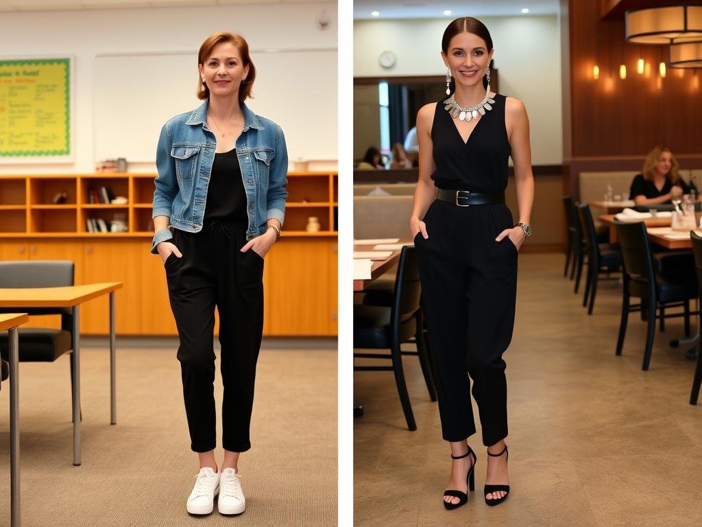 Woman wearing versatile jumpsuit styled for back to school and evening