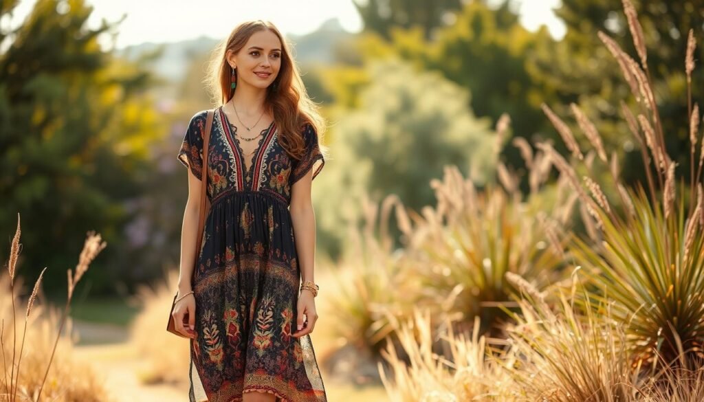 Woman wearing vintage boho dress with thrifted accessories in natural setting - sustainable boho chic style