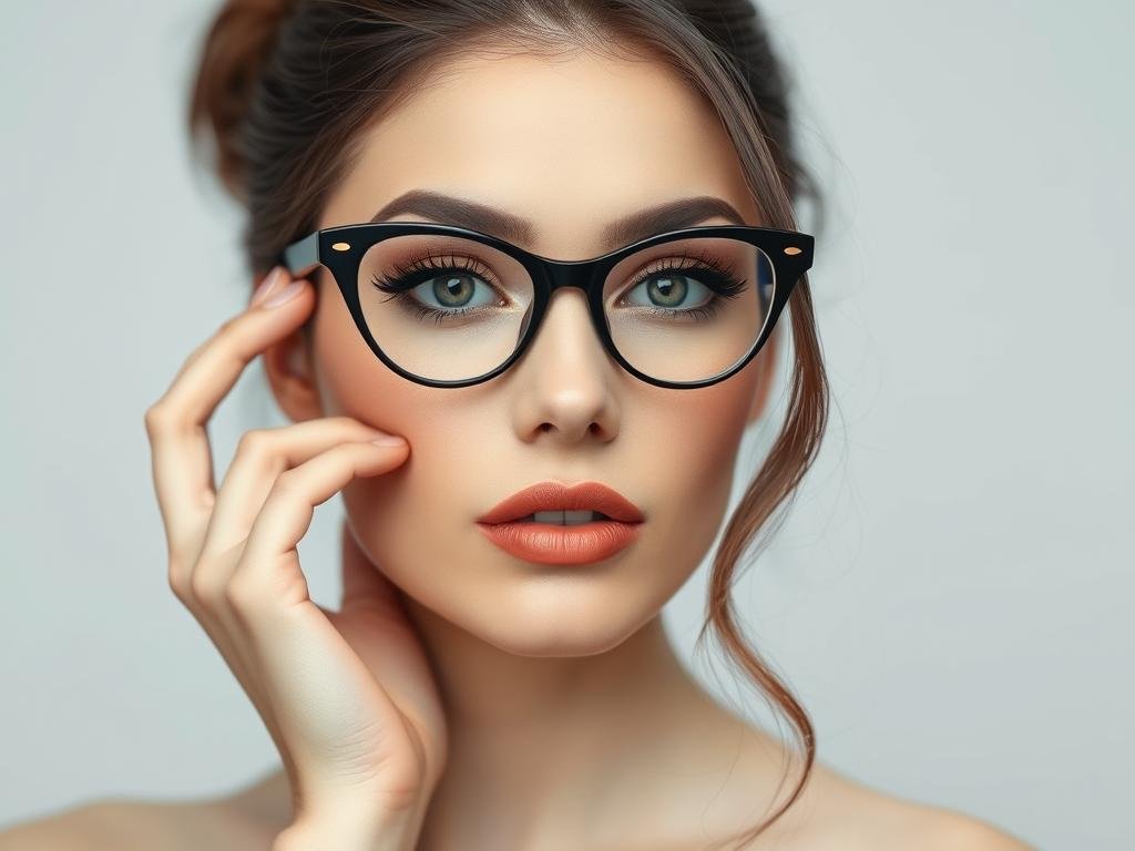 Woman with cat-eye frames and complementary makeup, showing makeup for glasses wearers techniques