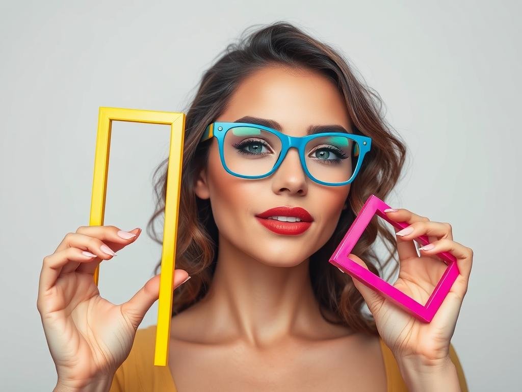 Woman with colorful frames and coordinated makeup, showing makeup for glasses wearers color theory