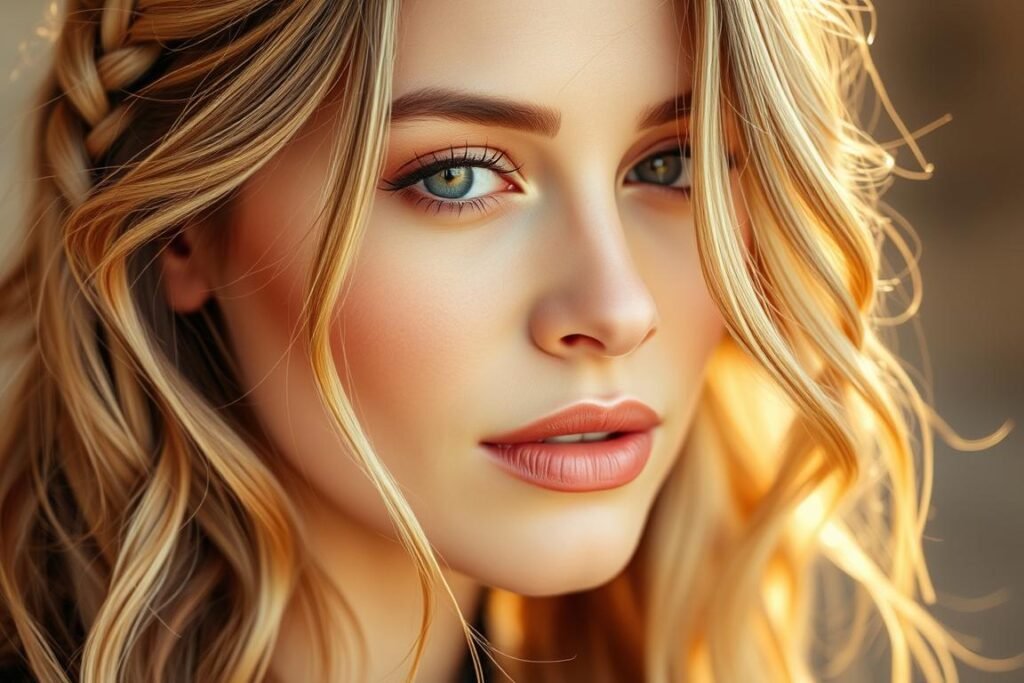 Woman with loose waves and small braids wearing natural makeup with glowing skin - boho chic beauty look